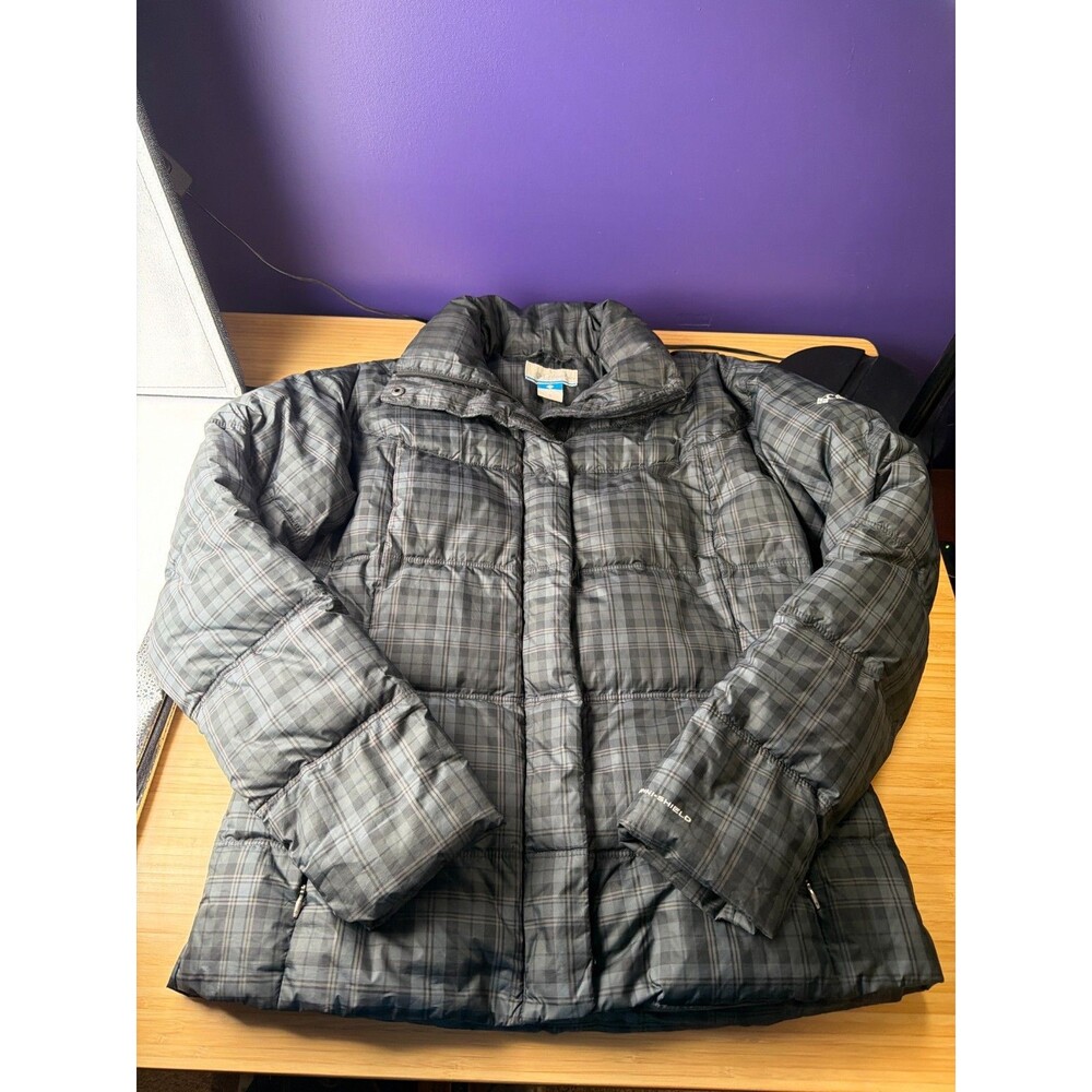 Columbia Women's Medium Plaid Down Puffer Jacket Omni-Shield Gray‎